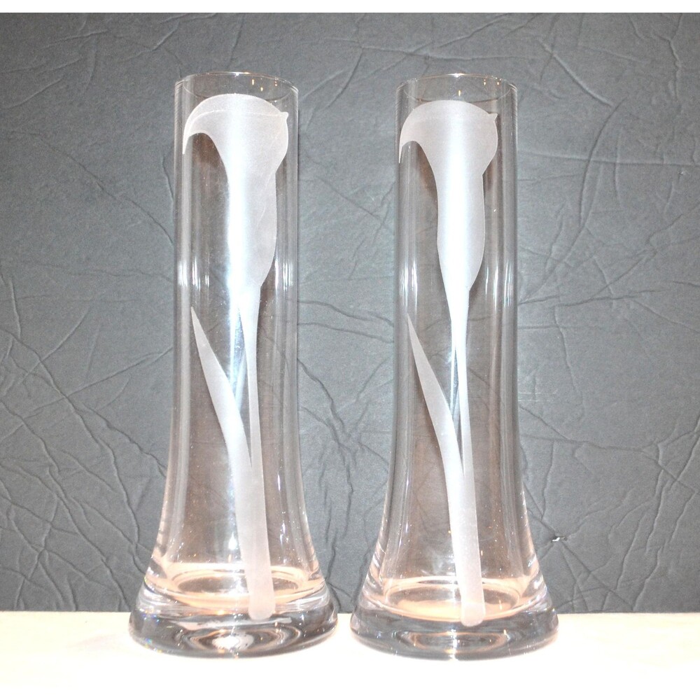 Calla Lily Floral Etching on Glass Vases Pair